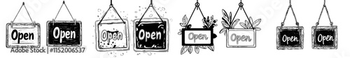 Hand-drawn modern doodle sketch of a nameplate with open and closed text, isolated on a white background for a door.