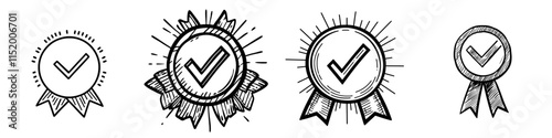 Ensure the doodle medal line icon. A simple hand-drawn consumer concept control emblem or guarantee.