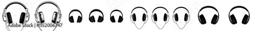 Headphones doodle line speaker. Music gadgets and earphones in a simple linear outline style.