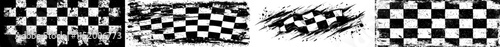 A racing grunge brush texture design featuring an auto rally badge, a checkered pattern, and a start-finish flag with scratches.
