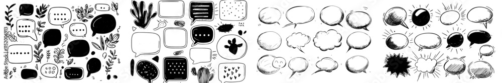 A collection of hand-drawn doodle bubbles featuring speech and thought shapes.