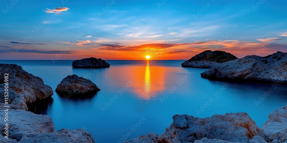 Tranquil Sunset Over Calm Ocean Waters with Rocky Outcrops and Vibrant Sky Colors Tranquil Sunset Over Calm Ocean Waters with Rocky Outcrops and Vibrant Sky Colors