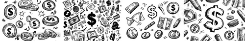 Collection of hand-drawn dollar doodles and symbols. Brushstroke money icons with punctuation.