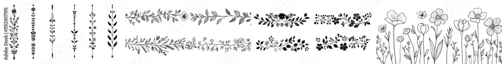 Fototapeta premium Create hand-drawn floral elements in an isolated doodle line style. Outline the silhouette of branches.