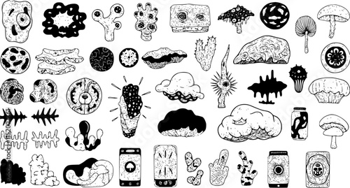 Vector graphic assets set in acid style, retro futuristic background with wireframe elements of different forms,bold modern shapes for design template, poster, stickers, banner in Y2k style sci fi PNG