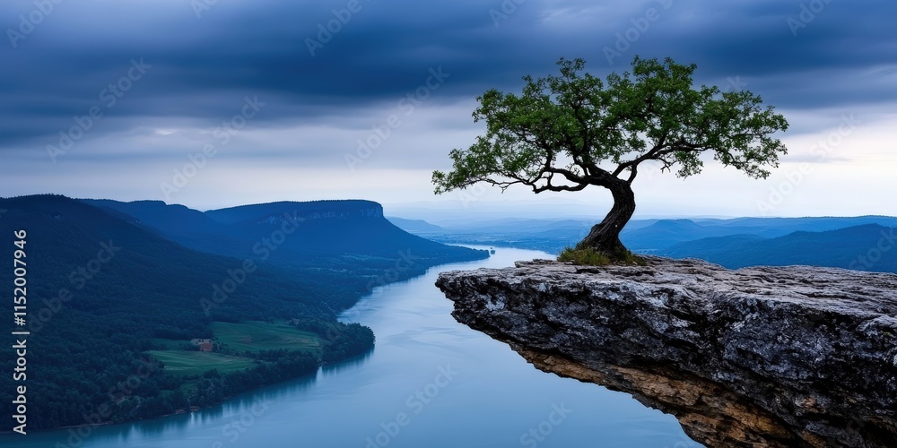 Lonely Tree on Rocky Cliff Overlooking Serene River Under Dramatic Cloudy Sky Lonely Tree on Rocky Cliff Overlooking Serene River Under Dramatic Cloudy Sky