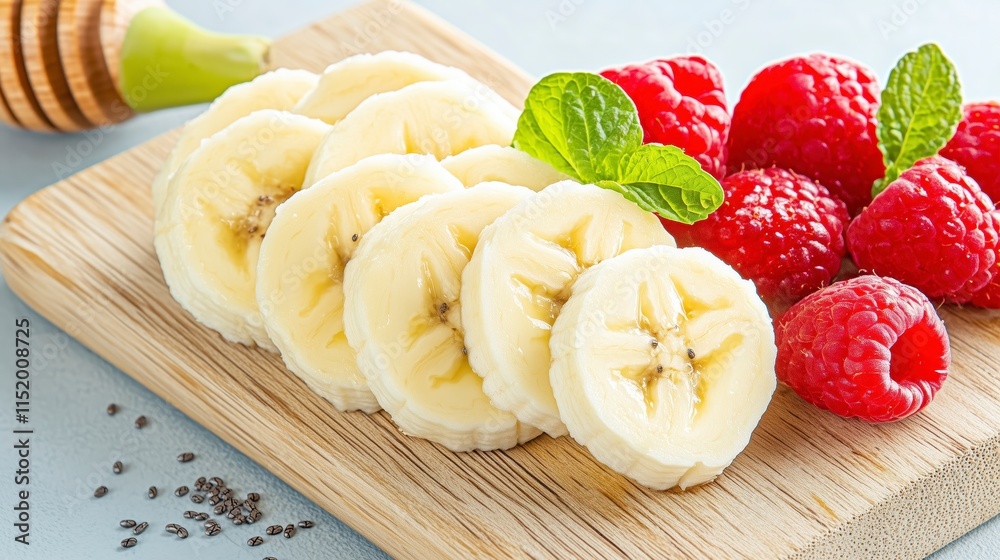 Freshly Sliced Banana with Raspberries and Mint Leaves on Wooden Board Freshly Sliced Banana with Raspberries and Mint Leaves on Wooden Board