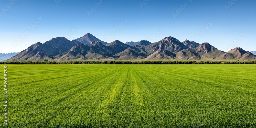 Lush Green Field with Majestic Mountain Range Under Clear Blue Sky Landscape Scenery Lush Green Field with Majestic Mountain Range Under Clear Blue Sky Landscape Scenery