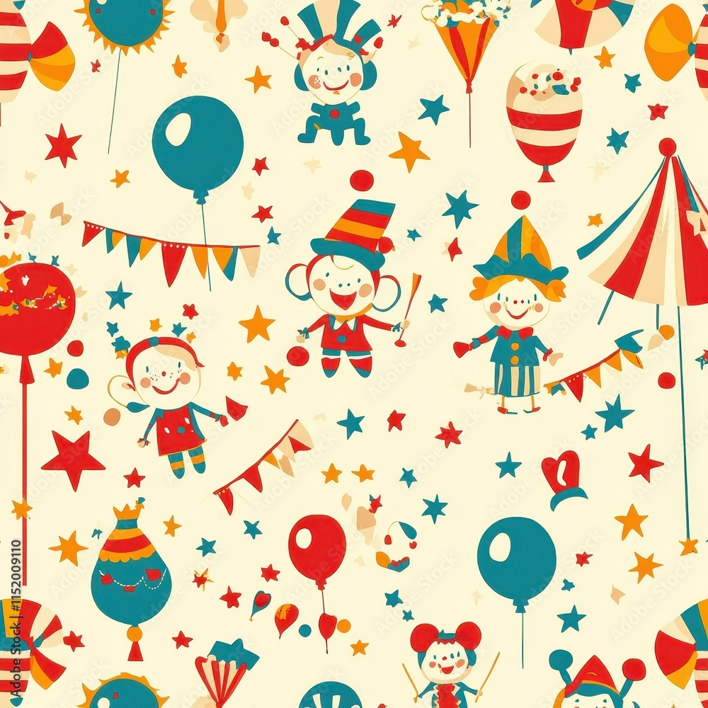 A repeating circus-themed pattern featuring happy clowns, colorful balloons, and juggling elephants, surrounded by stars, popcorn, and bunting flags in bright reds, blues, and yellows. A repeating circus-themed pattern featuring happy clowns, colorful balloons, and juggling elephants, surrounded by stars, popcorn, and bunting flags in bright reds, blues, and yellows.