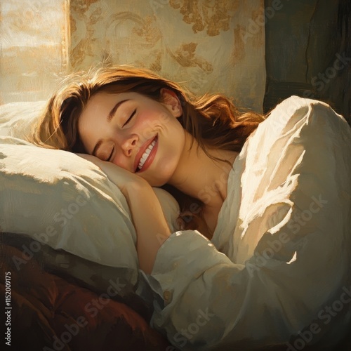 A beautiful young woman smiles gently while sleeping peacefully in her bed, exuding tranquility and relaxation. photo