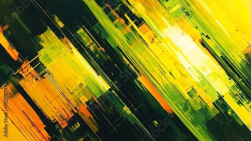 An energetic abstract design featuring bright yellow-green glossy stripes in motion, blending futuristic shapes and vibrant colors for a high-tech atmosphere. photo