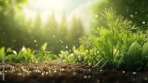 A 3D cartoon animation of fennel plant looking vibrant and fresh with water droplets glistening on its stalks in a well watered garden patch isolated on a white background