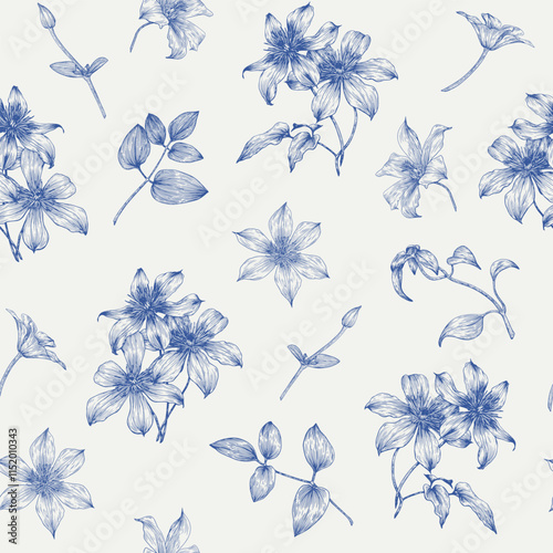 Toile vector vintage seamless pattern Clematis flowers. Blue beige. Hand drawn. Floral Background for design wedding decor, textile, paper, wallpaper, fashionable clothes. Monochrome
