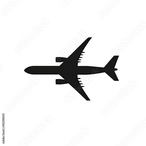 A simple black silhouette of an airplane, on a white background, in a vector style, with a flat design, using simple shapes