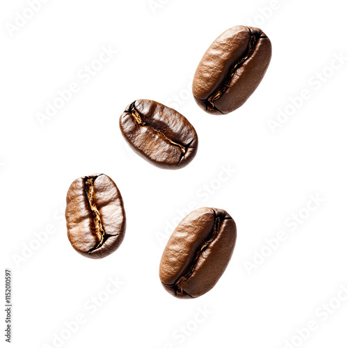 3 falling coffee beans isolated on white background, png