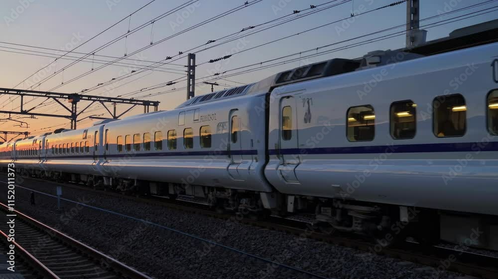 High-speed train departs from station at sunset with vibrant colors in the sky High-speed train departs from station at sunset with vibrant colors in the sky