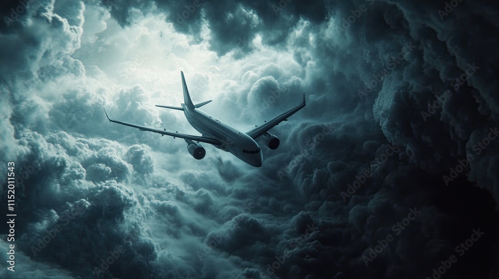 Naklejka premium Airplane soaring amidst turbulent storm clouds, dramatic lighting highlighting the aircraft as it navigates challenging skies.