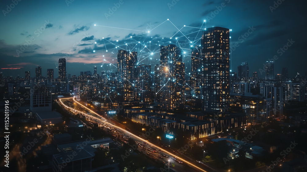 Obraz premium Smart digital city with connection cyber security network reciprocity over the cityscape . future smart wireless digital city and social media networking systems that connects people within the city