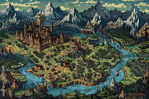 Beautiful medieval landscape featuring a castle, mountains, and winding river near serene village