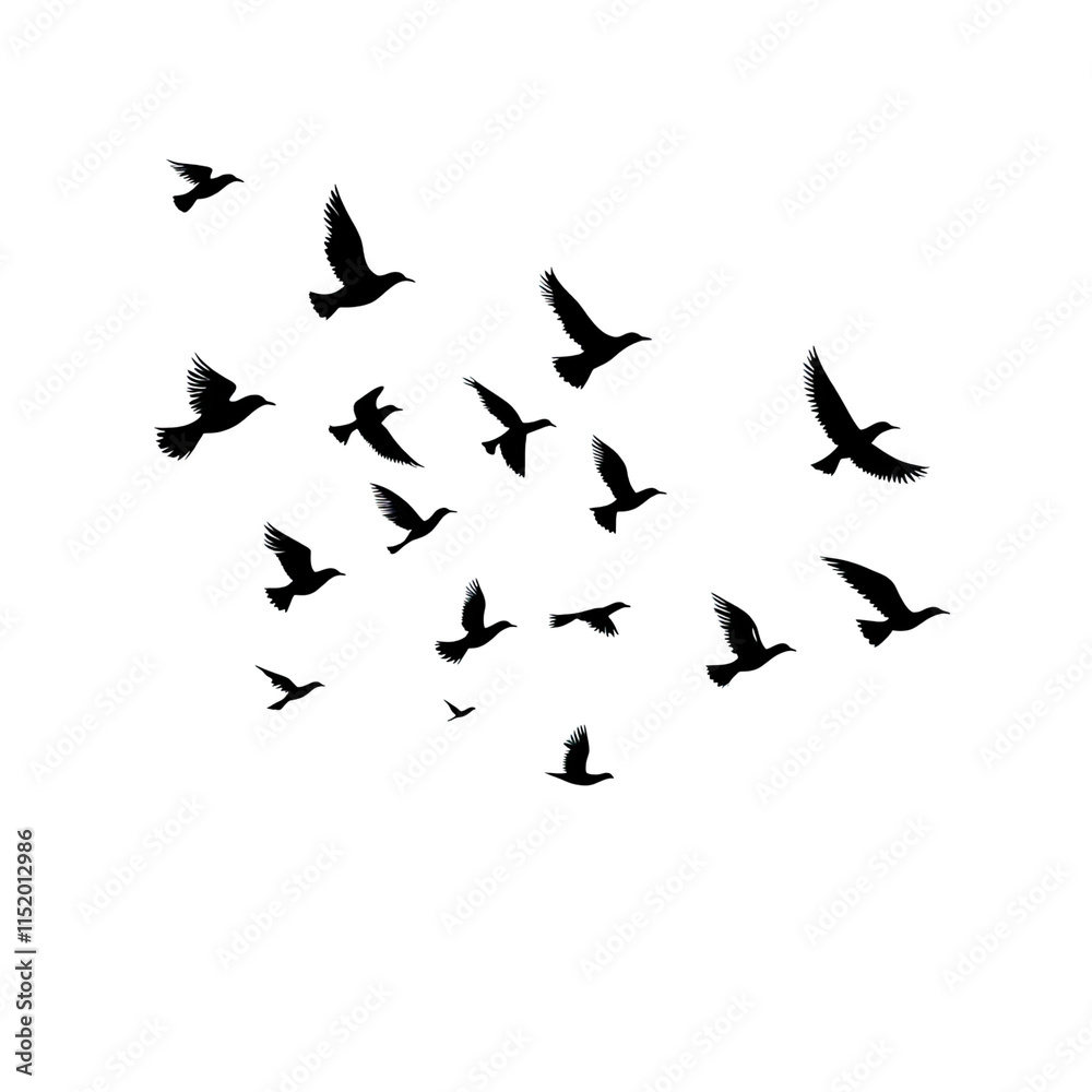 A flock of birds flying, a simple vector illustration in black on a white background. A flock of birds flying, a simple vector illustration in black on a white background.