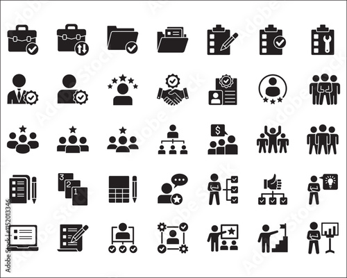 Leadership professional icon set. Task and job icons. Containing icons of  occupation, assignment, management, business, motivation, specialist, briefcase, accounting, list. Vector illustration