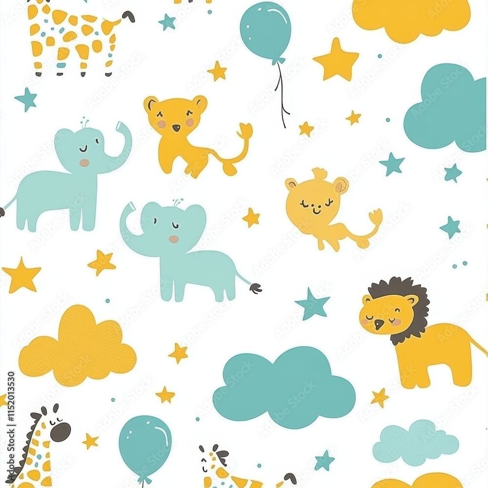 A charming baby animal-themed pattern with tiny baby elephants, giraffes, and lions playing among soft clouds, stars, and balloons, illustrated in soothing pastel shades of yellow, mint, and 
