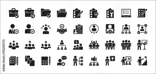 Leadership professional icon set. Task and job icons. Containing icons of  occupation, assignment, management, business, motivation, specialist, briefcase, accounting, list. Vector illustration