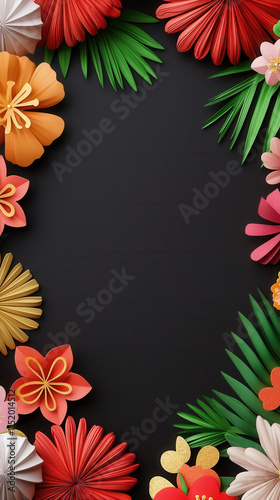 Chinese New Year Sale. Colorful paper flowers framing a dark background for decoration.