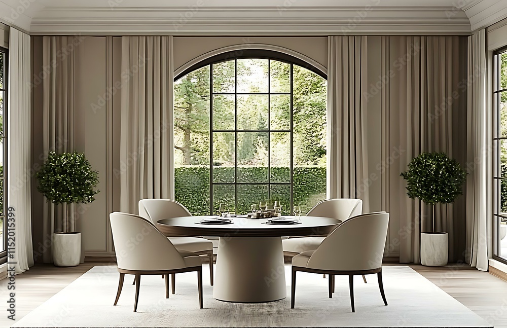 Fototapeta premium Elegant Dining Room with Lush Garden View