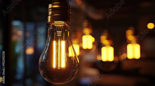 A light bulb is lit up in a dimly lit room