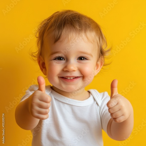 A cheerful toddler gives a thumbs up against a bright yellow background, embodying positivity and approval with a joyful expression. photo