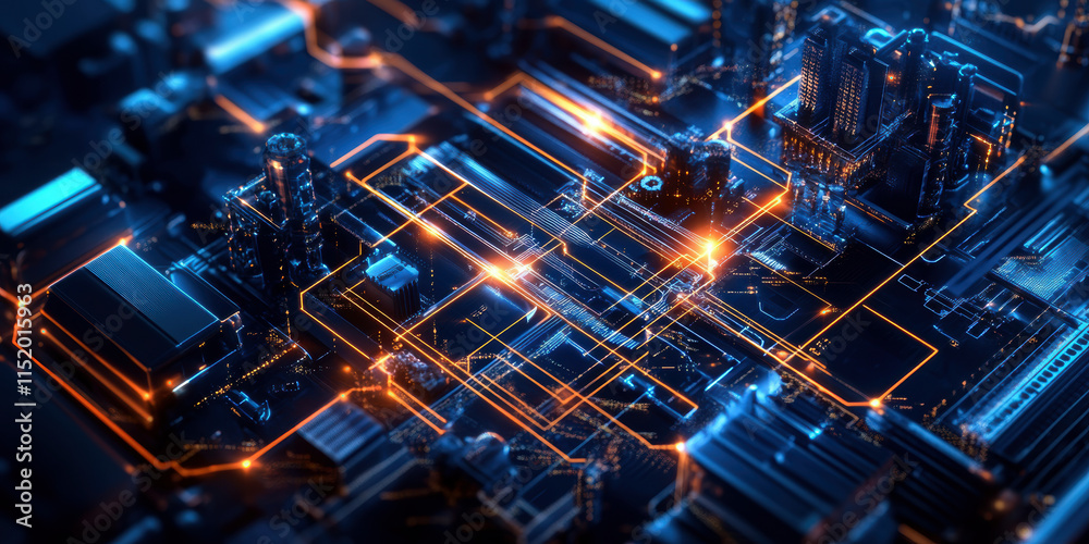This image showcases a detailed and vibrant representation of a futuristic circuit board, illuminated by intricate light patterns that symbolize advanced technology and connectivity. This image showcases a detailed and vibrant representation of a futuristic circuit board, illuminated by intricate light patterns that symbolize advanced technology and connectivity.