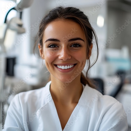 A cheerful young female dentist is smiling confidently, showcasing her professionalism and warmth. photo