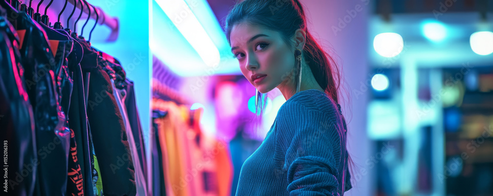 Fototapeta premium Stylish Woman Browsing Clothes in Fashion Store