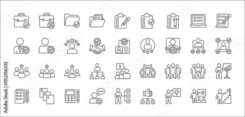 Leadership professional icon set. Task and job icons. Containing icons of  occupation, assignment, management, business, motivation, specialist, briefcase, accounting, list. Thin line icon design.