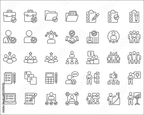 Leadership professional icon set. Task and job icons. Containing icons of  occupation, assignment, management, business, motivation, specialist, briefcase, accounting, list. Thin line icon design.