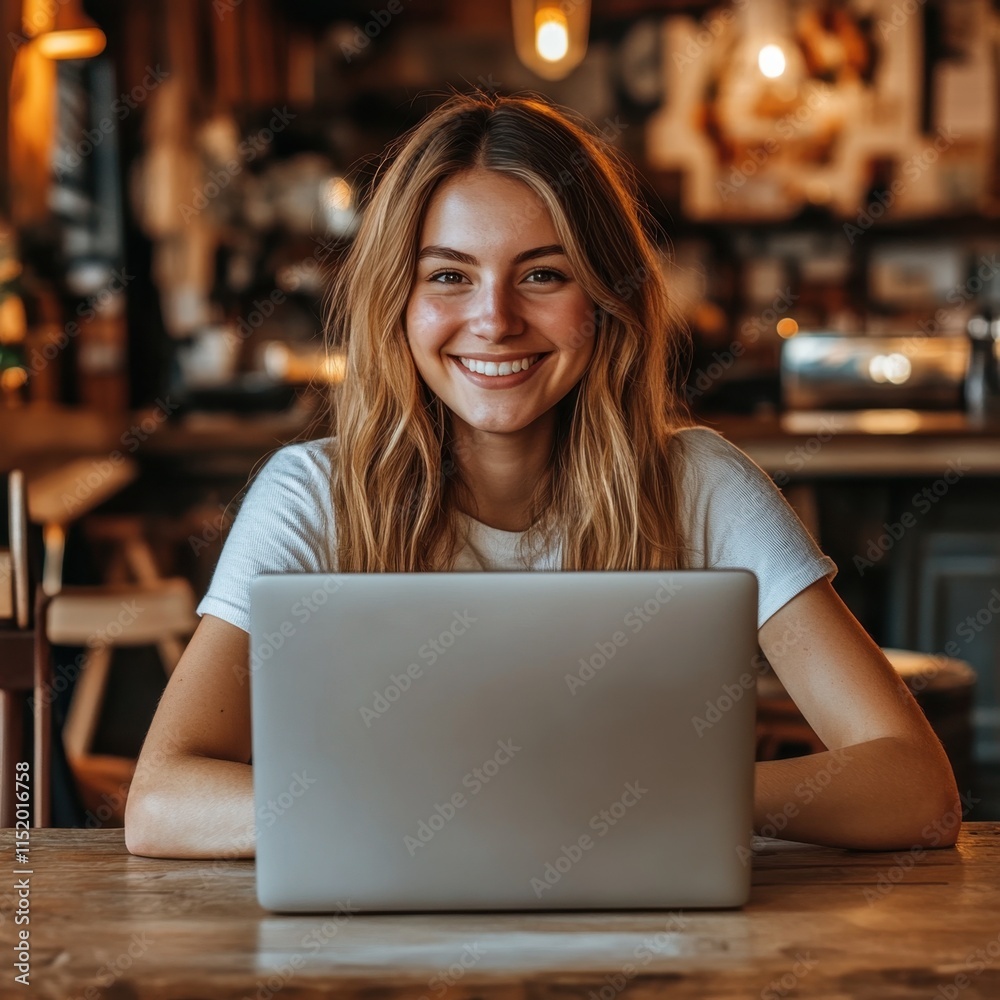 A cheerful young woman working on her laptop at a cafe table, her bright smile reflecting a productive yet relaxed atmosphere. A cheerful young woman working on her laptop at a cafe table, her bright smile reflecting a productive yet relaxed atmosphere.