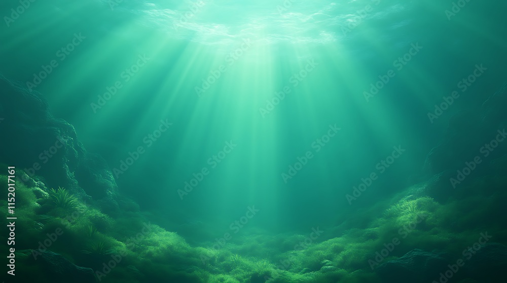 Serene Underwater Scene Sunbeams Green Algae Ocean Floor Serene Underwater Scene Sunbeams Green Algae Ocean Floor
