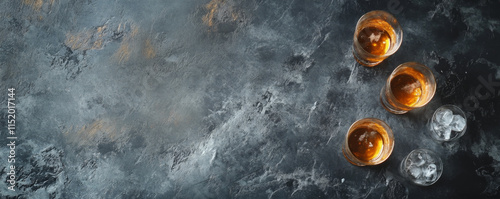 Moody whiskey glasses with ice on dark stone background. photo