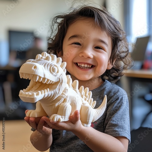 A child gleefully holds a 3D-printed toy animal, showcasing the intricate details made possible by additive manufacturing. photo