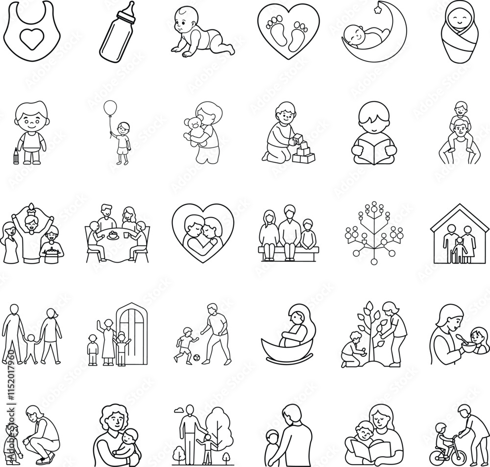 Fototapeta premium Family Life Cycle Baby, Child, Parent, Growth, Love, Icons, Line Art, Parenthood, Bonding, Togethern