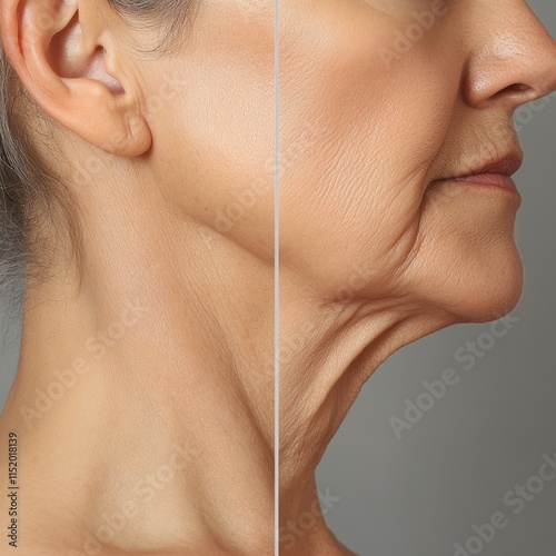 A close-up before and after comparison of a mature woman's neck and lower face highlights significant skin tightening and anti-aging results. photo