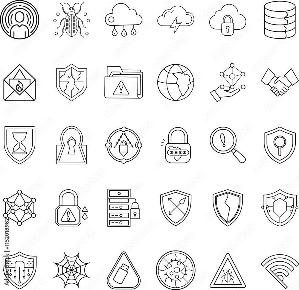 Cybersecurity Threats, Protection, and Data Security Icons Set