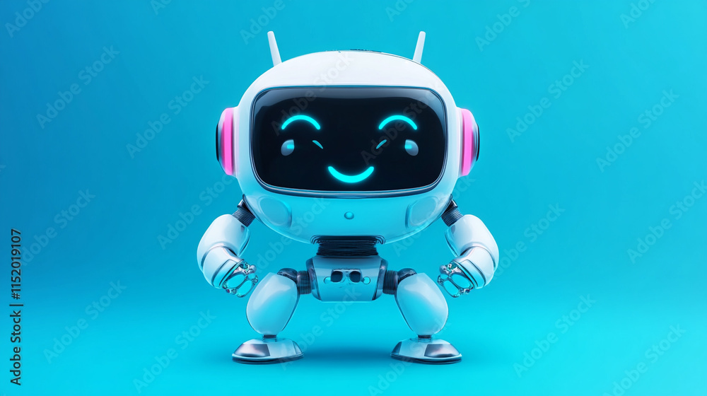 Friendly cute cartoon robot - 3d render. Technology concept. Customer support chatbot, online consultant, assistant. Bot with smiling face on the screen. Robotic toy.
