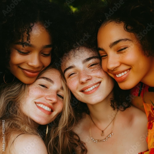 A close-up of diverse friends enjoying each other’s company highlights their unity and shared happiness, showcasing the beauty of multicultural friendships and mutual respect. photo