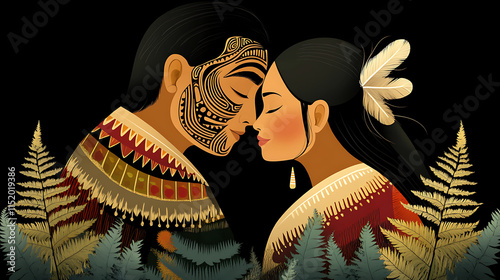 Maori newlyweds sharing a romantic moment in fern forest with traditional ta moko background photo