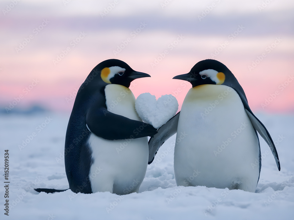 Obraz premium Two penguins on the ice floe in Antarctica at sunset.