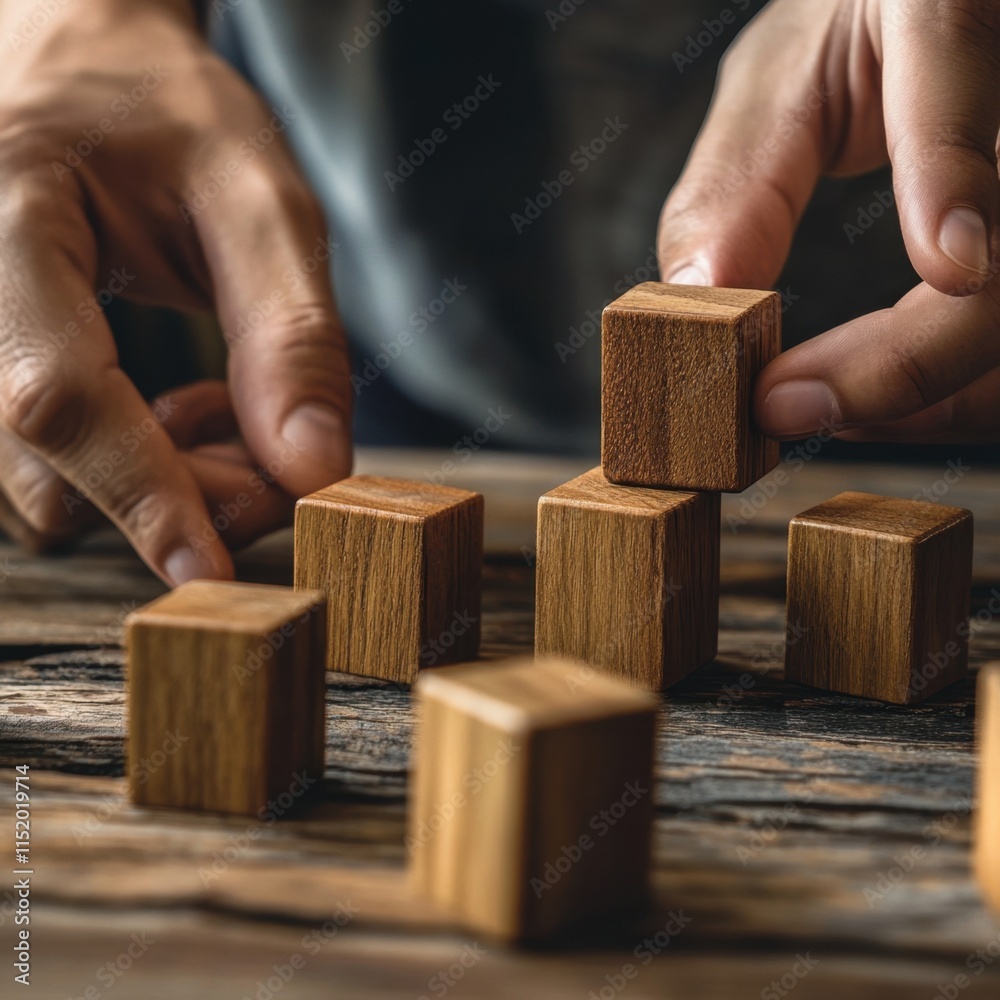 A close-up of hands carefully arranging wooden blocks, symbolizing the process of business development and growth. A close-up of hands carefully arranging wooden blocks, symbolizing the process of business development and growth.