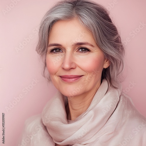 A close-up portrait of a beautiful elderly woman in her 50s, smiling gracefully. photo