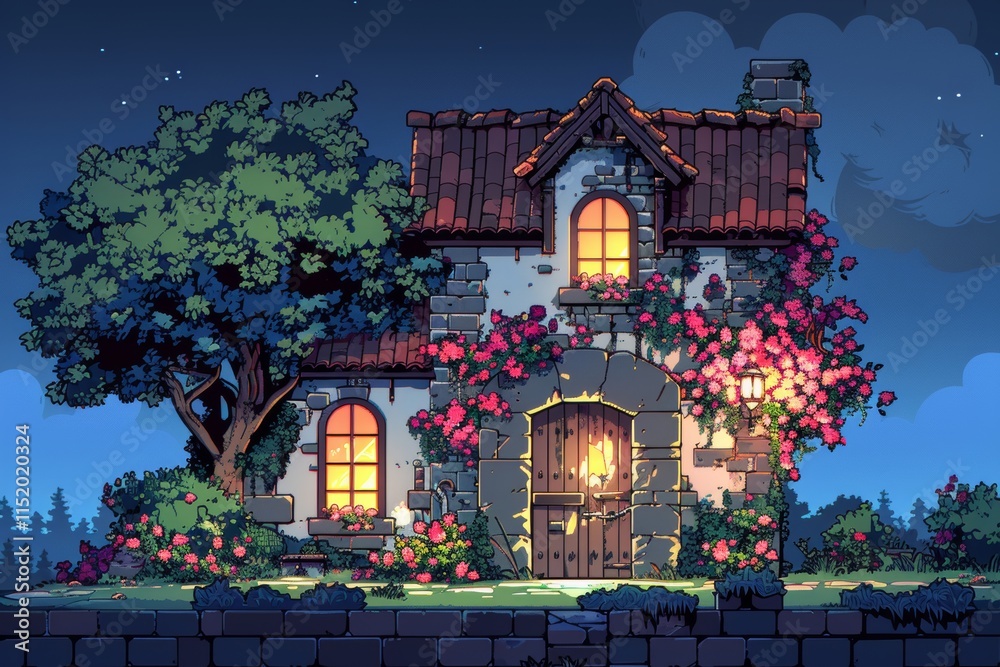 Fototapeta premium Charming stone house illuminated by warm light surrounded by colorful flowers at night